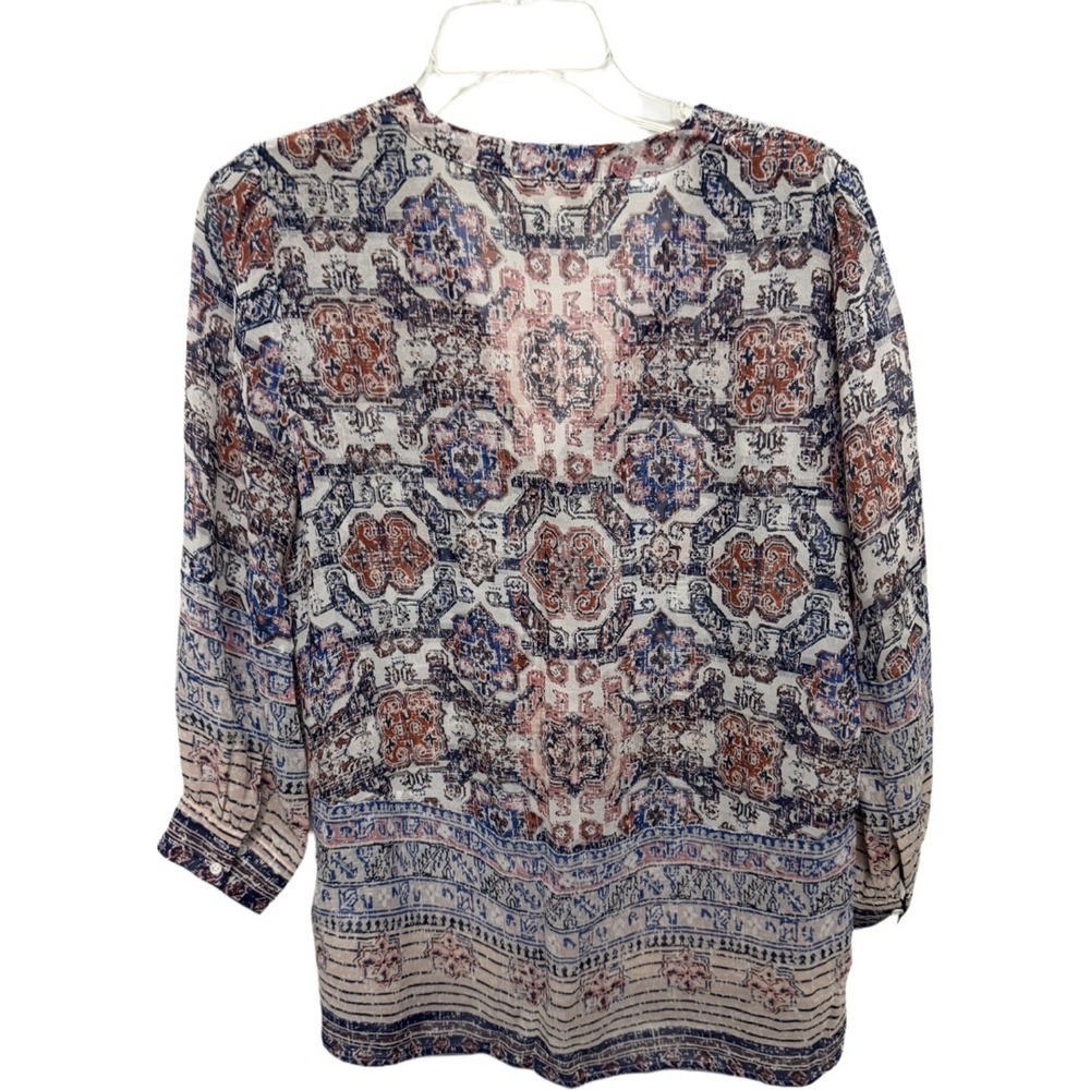 Joie Womens Silk Top Blouse SZ S Multicolor Printed Boho V Neck Ruched Shoulder - Picture 4 of 6